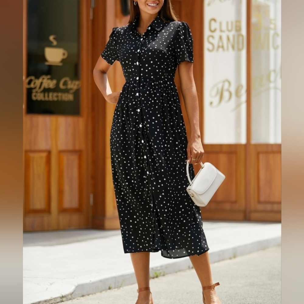 Women's Black Sheer Collared Polka Dot Short Sleeve Midi Dress Size XS EUC π - Picture 4 of 14